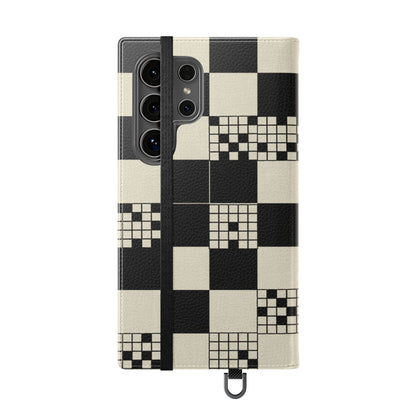 Checkerboard Flip Phone Case – Retro Black & Cream Geometric Wallet Case