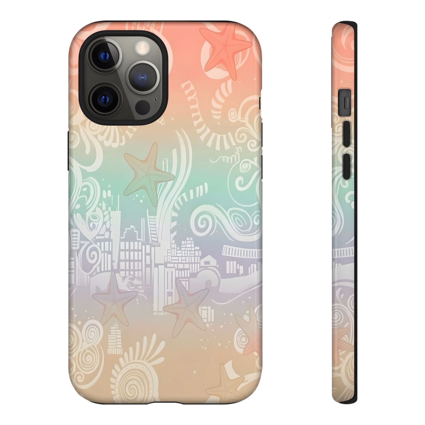 Tough Cases: Pastel Beach Pattern Phone Case — Starfish & Coastal Cityscape Protective Cover