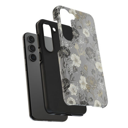Floral Gray Tough Phone Case — Elegant Protective Phone Cover with Gold Accent