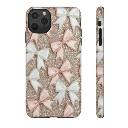 Glitter Bow Tough Phone Case — Pink & White Ribbon Protective Cover