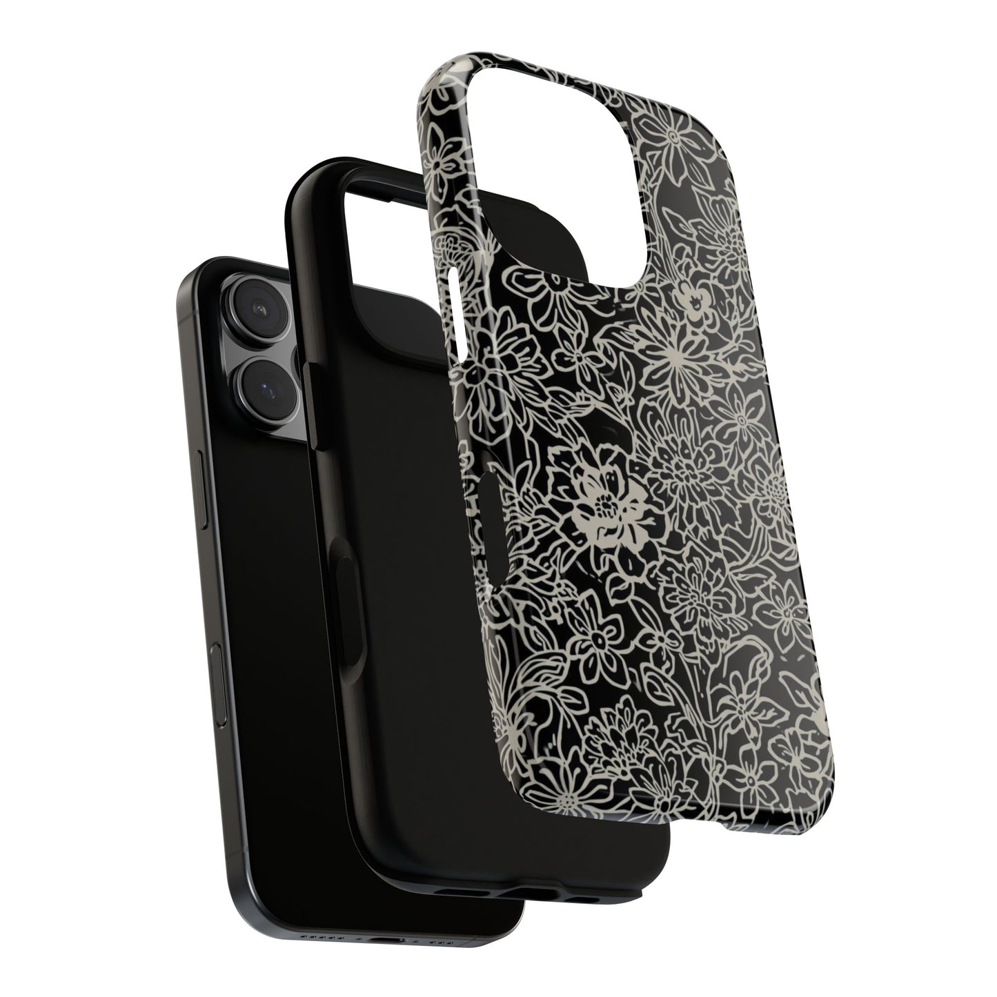 Floral Doodle Tough Phone Case — Black & White Sketch Flower Protective Cover