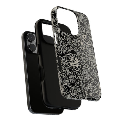Floral Doodle Tough Phone Case — Black & White Sketch Flower Protective Cover
