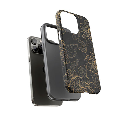 Floral Gold Outline Tough Phone Case – Black Botanical Protective Cover