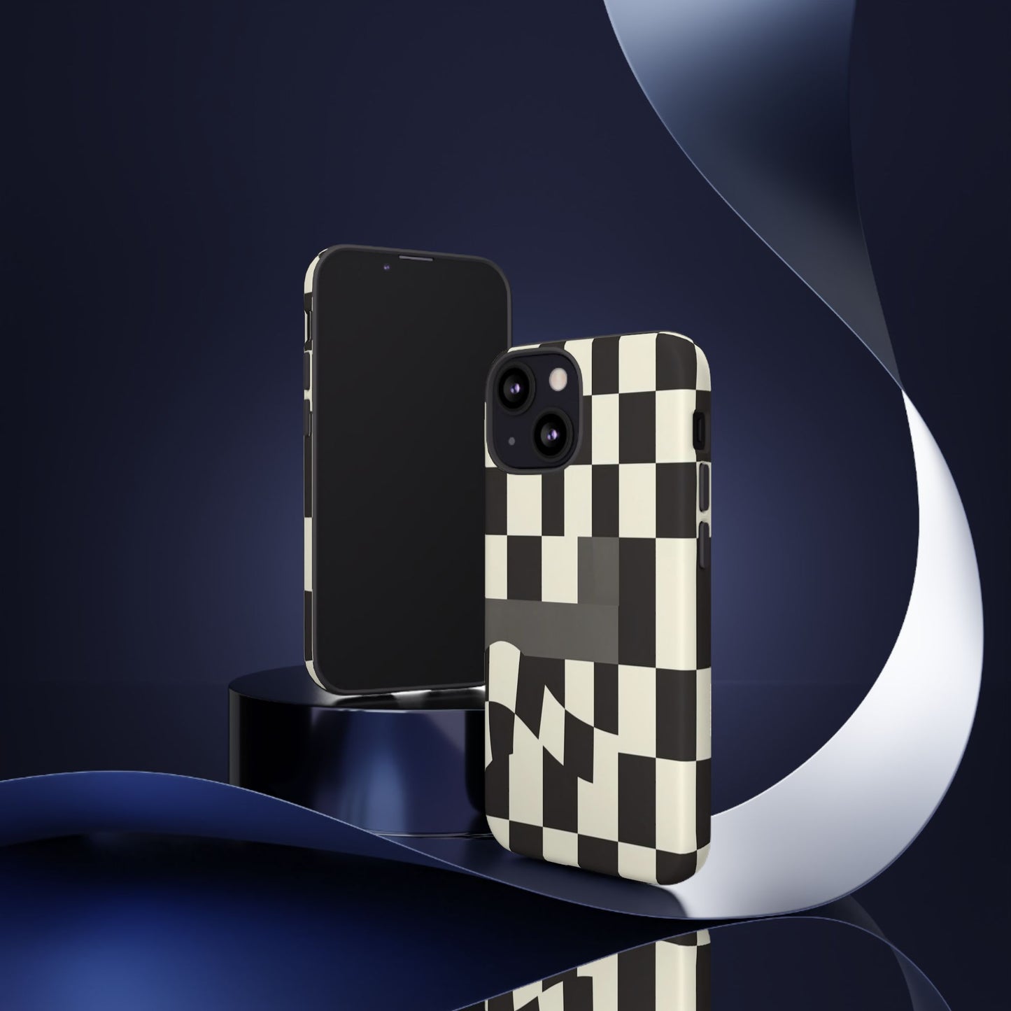 Checkerboard Wave Phone Case — Black & Cream Graphic Tough Case