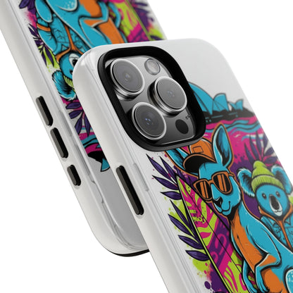 Kangaroo & Koala Surf Phone Case — Retro Neon Beach Art Tough Case