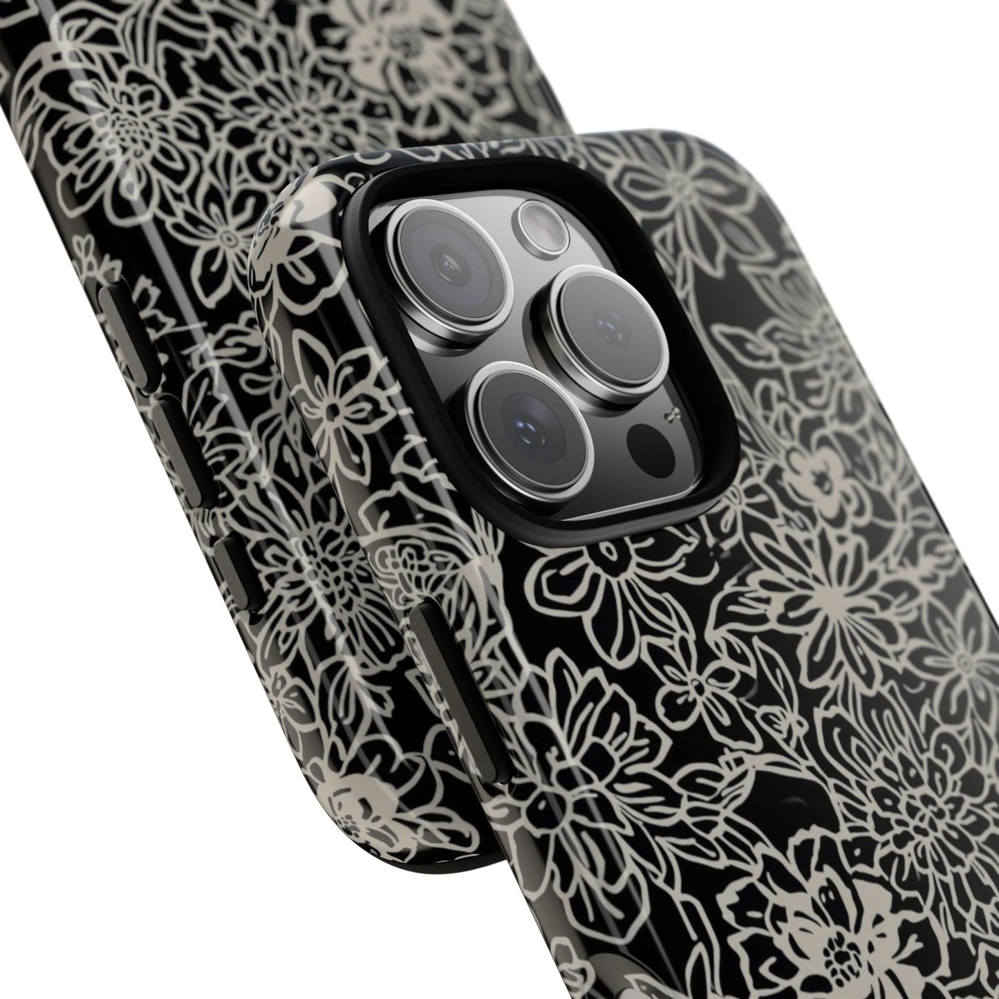 Floral Doodle Tough Phone Case — Black & White Sketch Flower Protective Cover