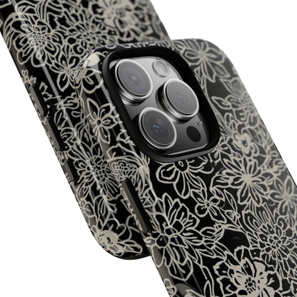 Floral Doodle Tough Phone Case — Black & White Sketch Flower Protective Cover