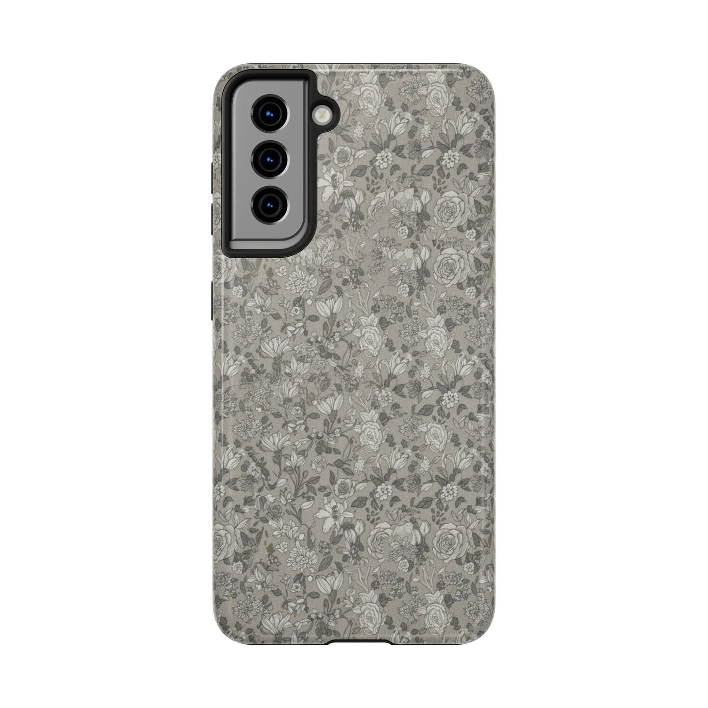Gray Floral Tough Phone Case — Durable Protective Phone Cover with Vintage Botanical Pattern
