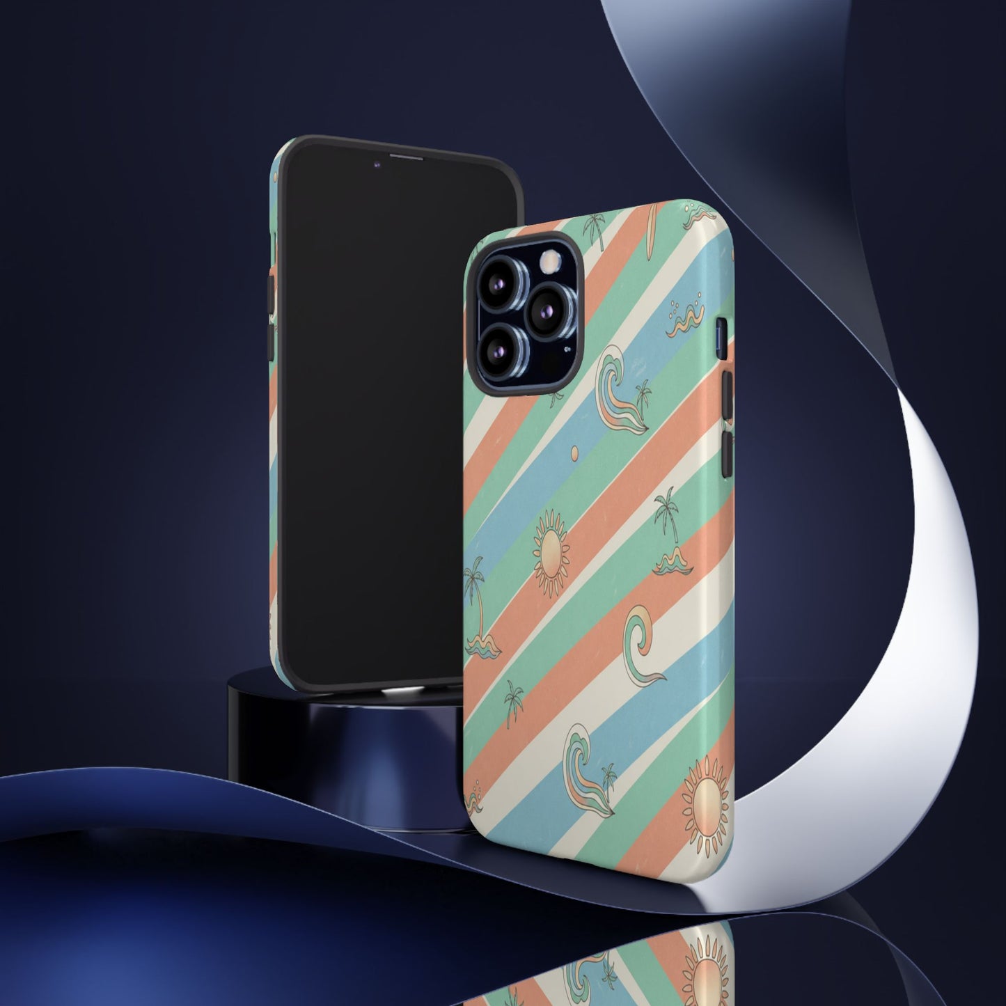 Retro Beach Stripes Phone Case — Sun, Waves & Palm Pattern Tough Case