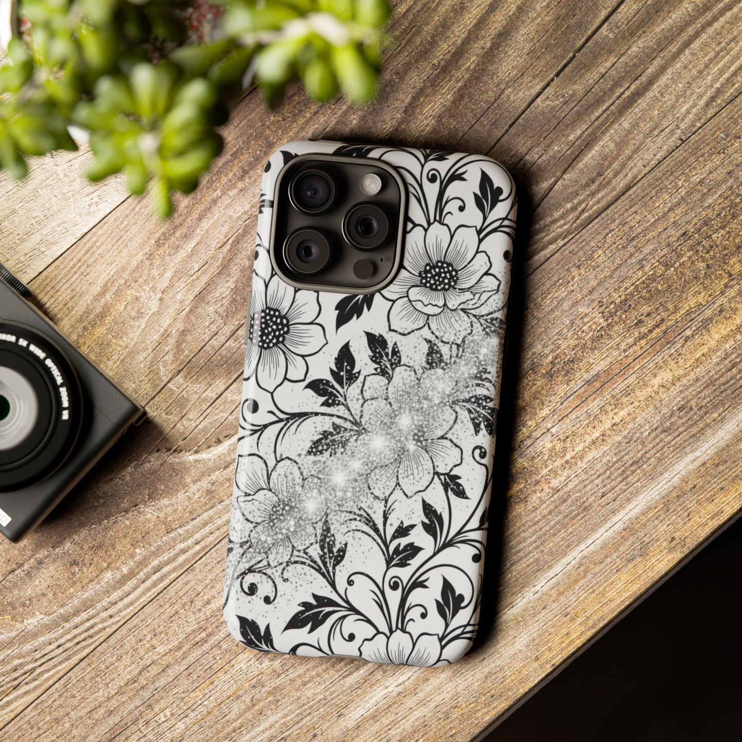 Floral Lace Phone Case — Black & White Vintage Flower Protective Case