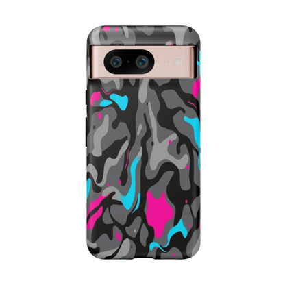 Camouflage Phone Case — Gray Camo with Neon Pink & Cyan Accent Tough Protective Cover