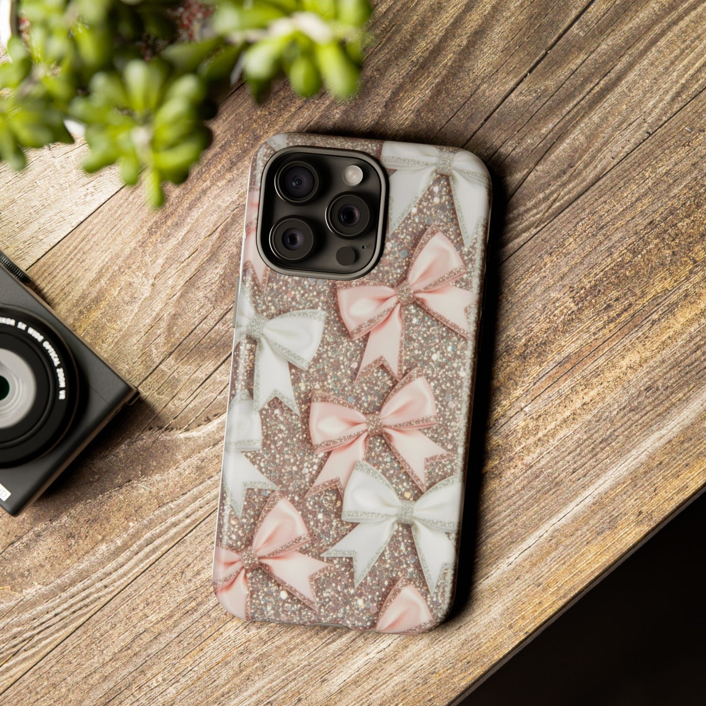 Glitter Bow Tough Phone Case — Pink & White Ribbon Protective Cover