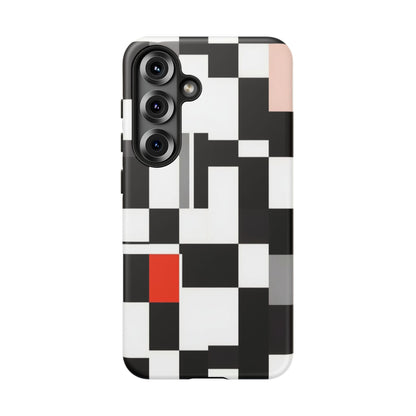Abstract Geometric Phone Case – Black & White Checker Grid with Red Accent