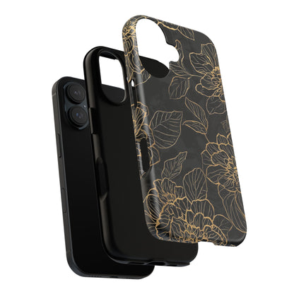 Floral Gold Outline Tough Phone Case – Black Botanical Protective Cover