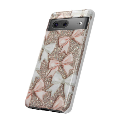 Glitter Bow Tough Phone Case — Pink & White Ribbon Protective Cover