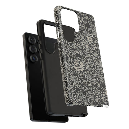 Floral Doodle Tough Phone Case — Black & White Sketch Flower Protective Cover