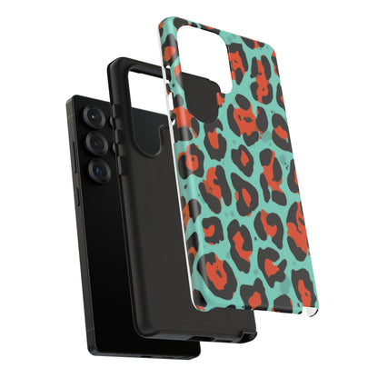 Leopard Print Tough Phone Case — Teal & Rust Protective iPhone Cover