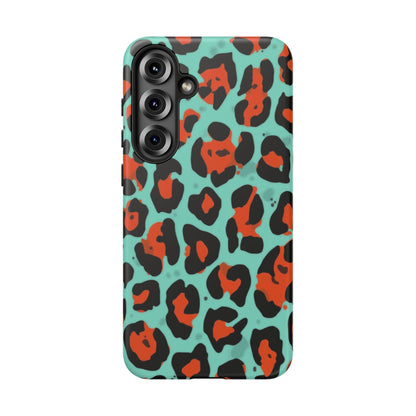 Leopard Print Tough Phone Case — Teal & Rust Protective iPhone Cover