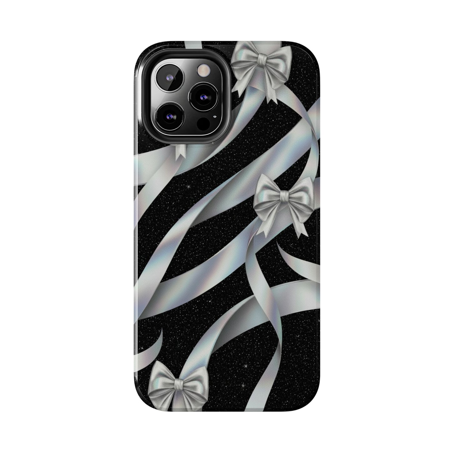 Silver Ribbon Bow Tough Phone Case — Glitter Black Protective Phone Case