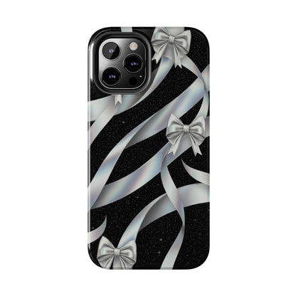 Silver Ribbon Bow Tough Phone Case — Glitter Black Protective Phone Case