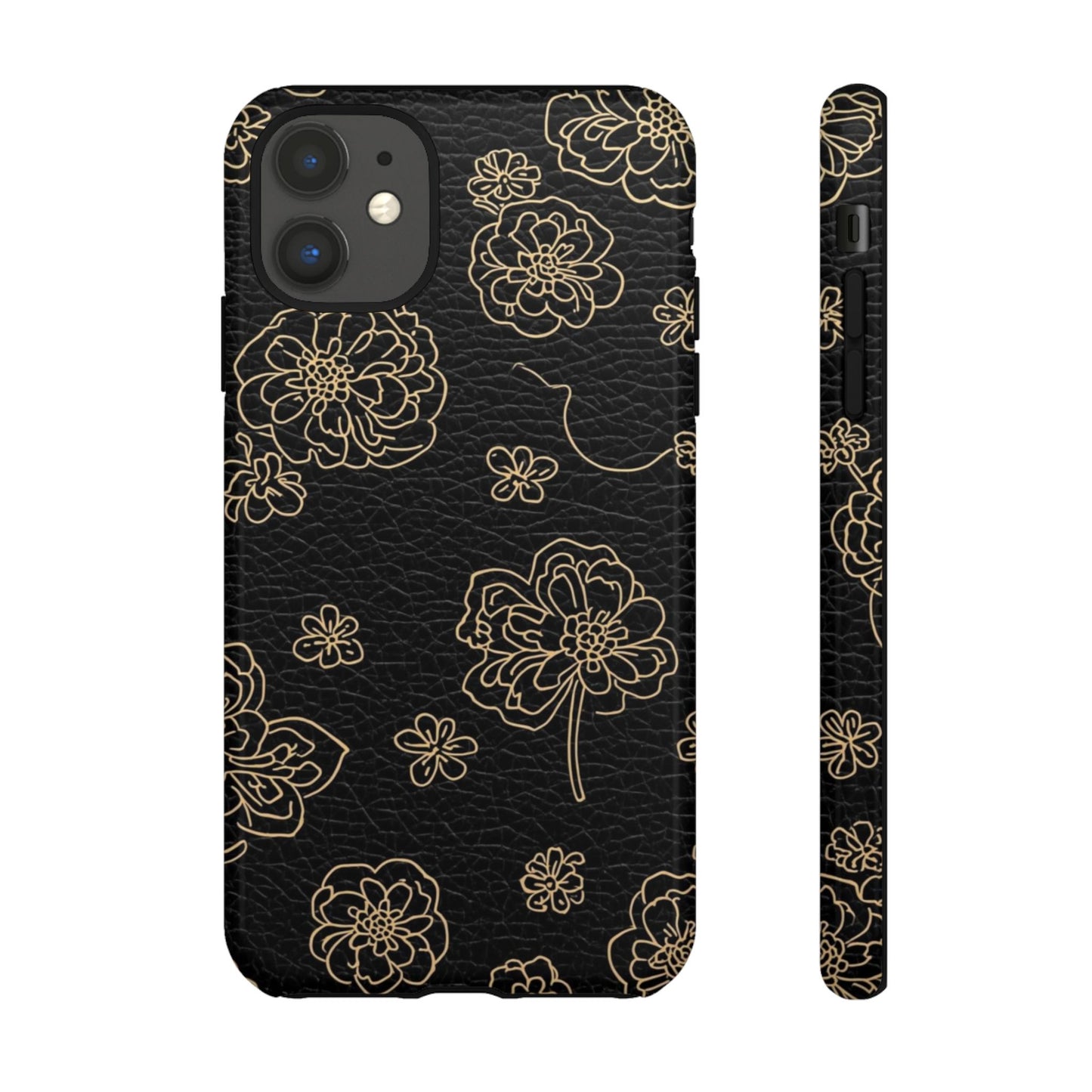 Floral Leather-Texture Tough Case – Black Gold Outline Phone Cover
