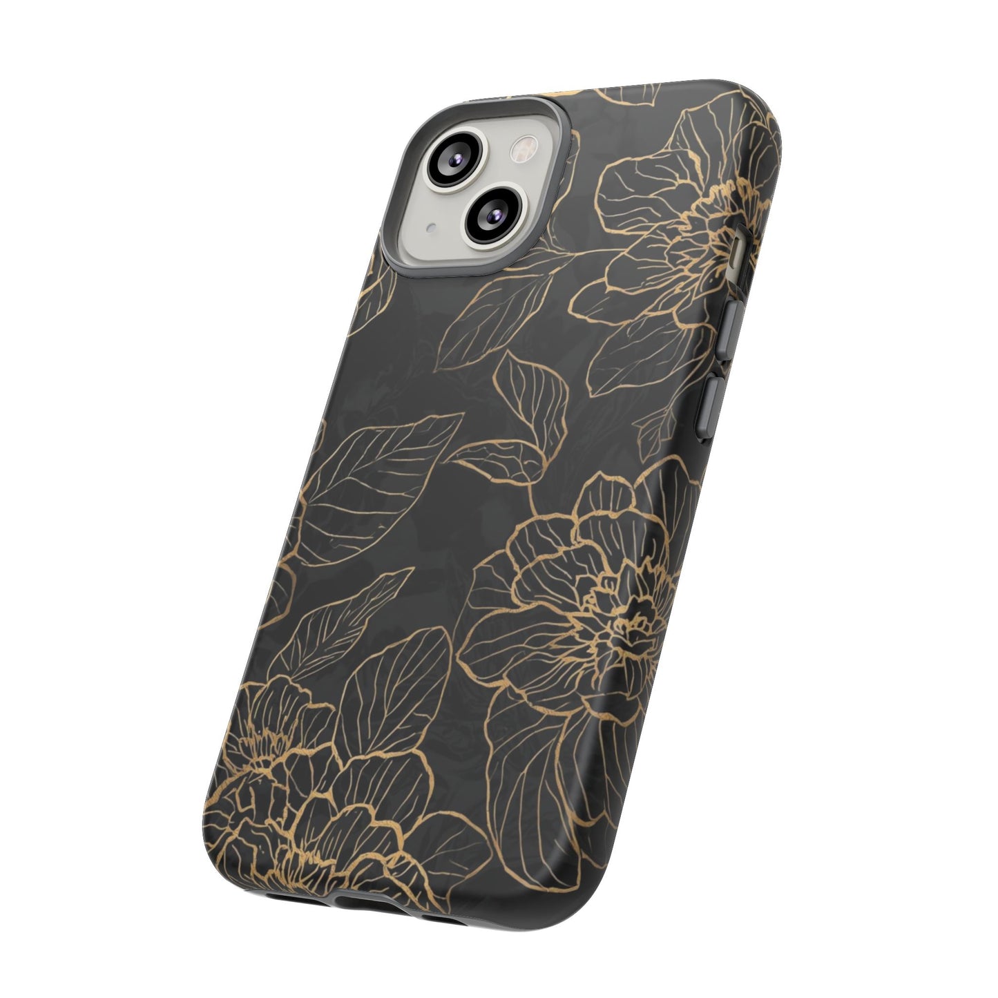 Floral Gold Outline Tough Phone Case – Black Botanical Protective Cover