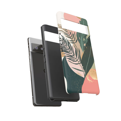 Tropical Leaf Tough Phone Case — Abstract Pink & Green Botanical Protective Cover