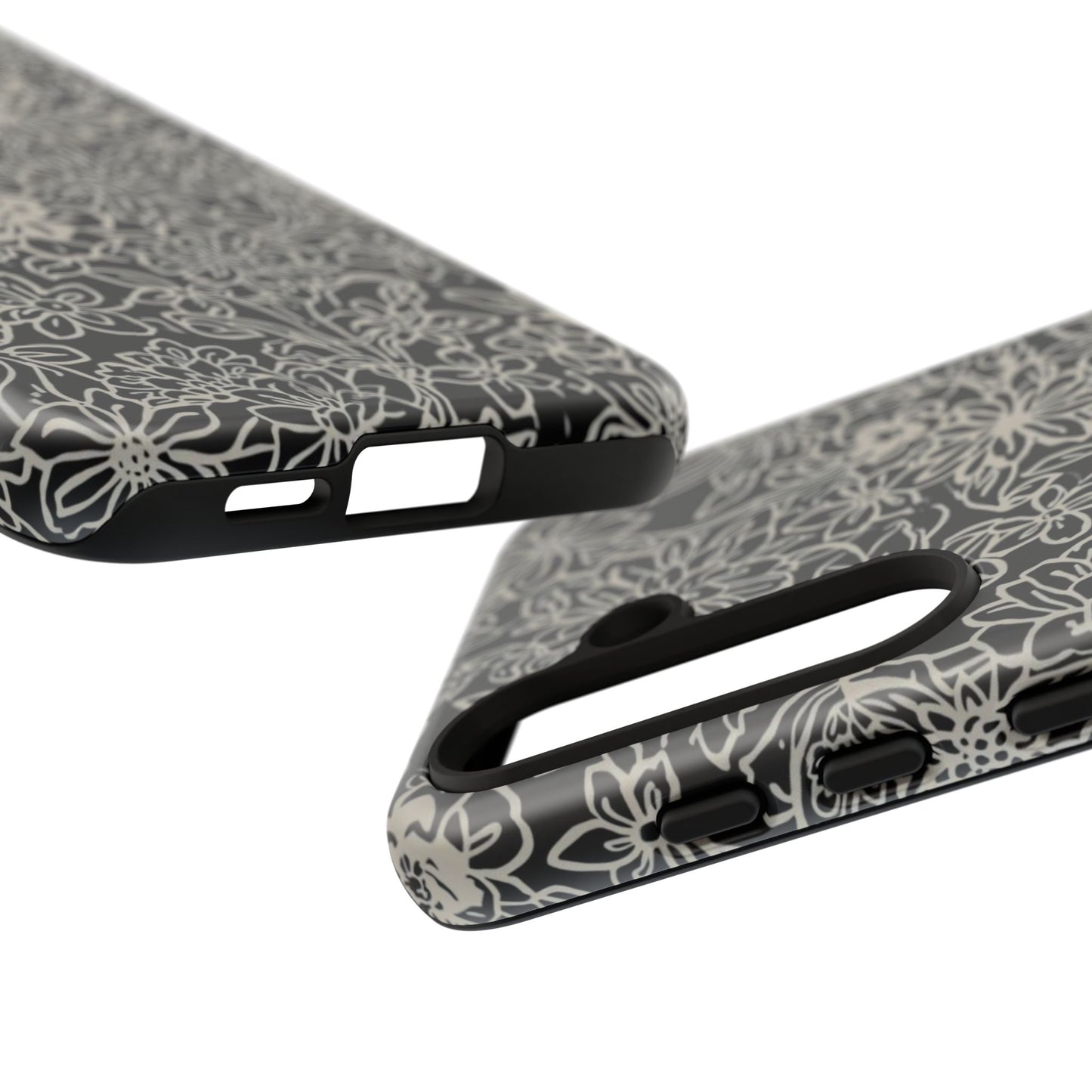 Floral Doodle Tough Phone Case — Black & White Sketch Flower Protective Cover