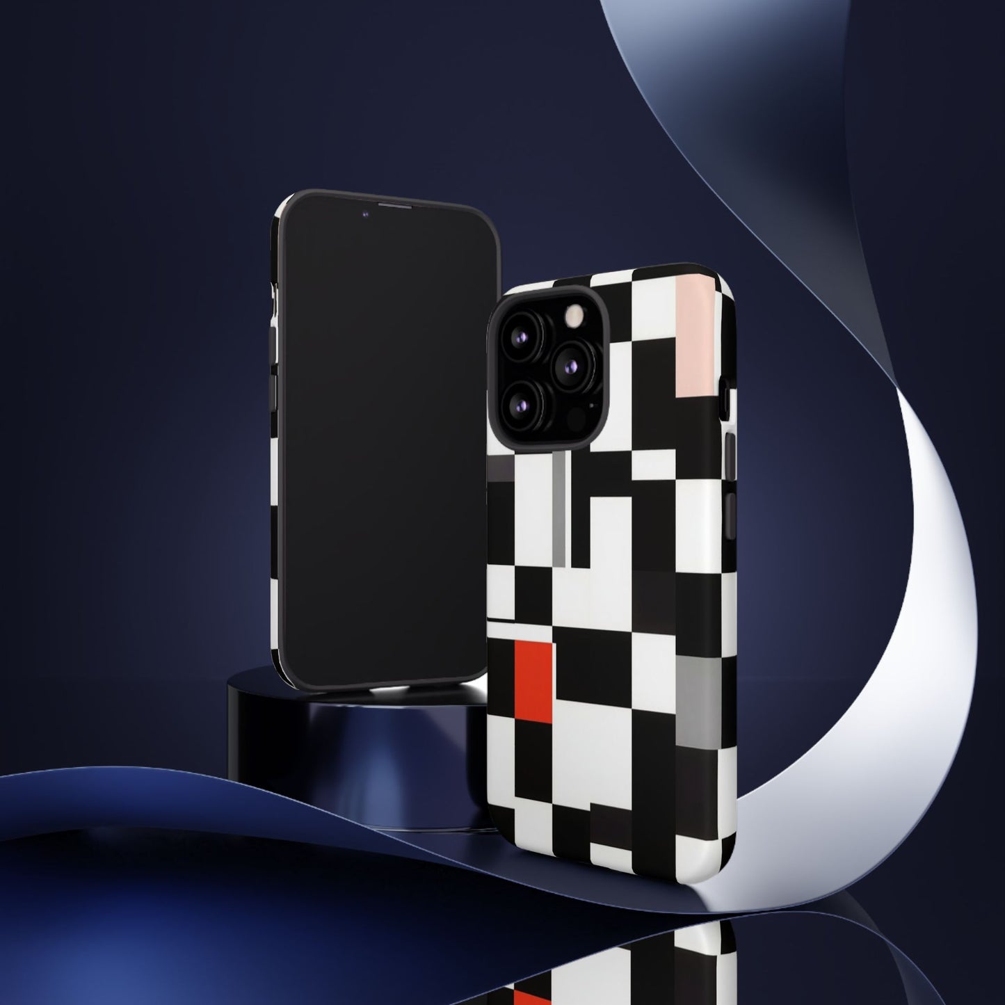 Abstract Geometric Phone Case – Black & White Checker Grid with Red Accent