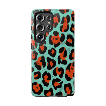 Leopard Print Tough Phone Case — Teal & Rust Protective iPhone Cover