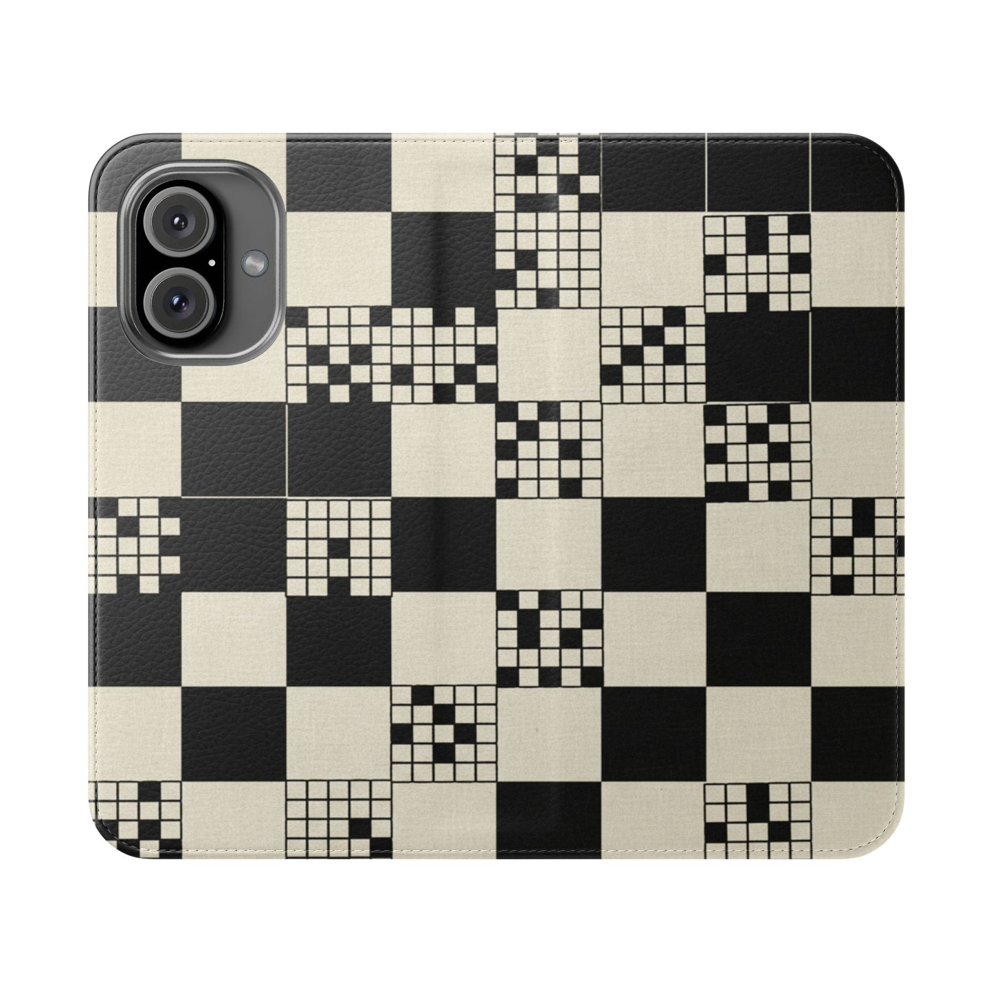 Checkerboard Flip Phone Case – Retro Black & Cream Geometric Wallet Case