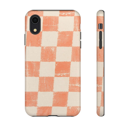 Peach Checkerboard Tough Phone Case — Retro Distressed Grid Design