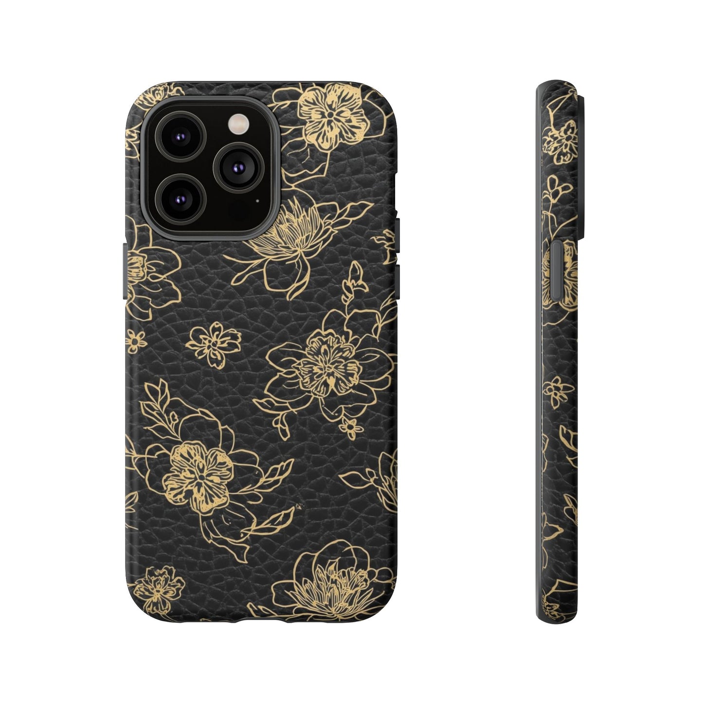 Floral Leather Phone Case — Gold Outline Flowers on Black Tough Case
