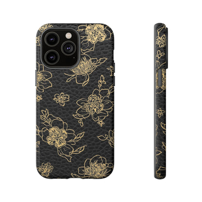 Floral Leather Phone Case — Gold Outline Flowers on Black Tough Case