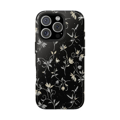 Floral Noir Tough Phone Case — Vintage Black Botanical Protective Cover