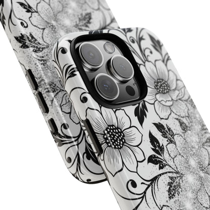Floral Lace Phone Case — Black & White Vintage Flower Protective Case