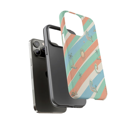Retro Beach Stripes Phone Case — Sun, Waves & Palm Pattern Tough Case