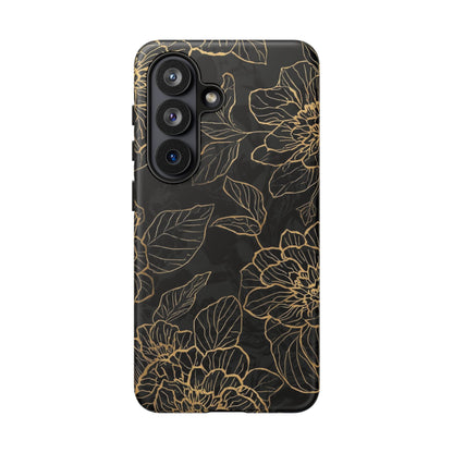 Floral Gold Outline Tough Phone Case – Black Botanical Protective Cover