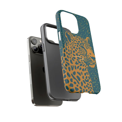 Leopard Print Tough Phone Case — Gold Panther on Teal, Protective iPhone Cover