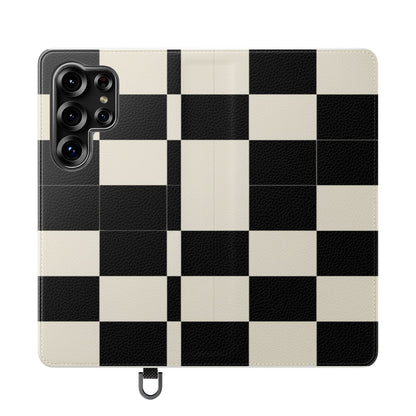Checkered Flip Phone Case – Black & Cream Retro Grid Wallet Case