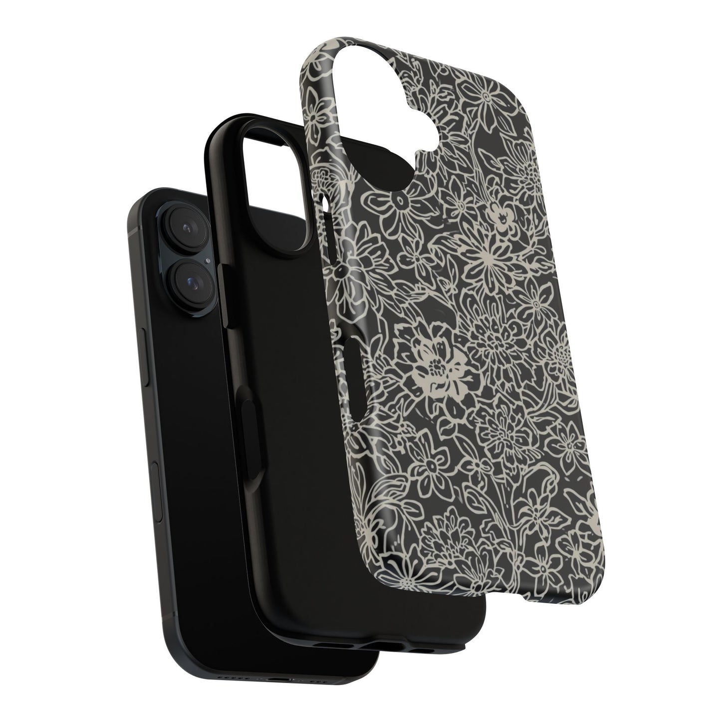 Floral Doodle Tough Phone Case — Black & White Sketch Flower Protective Cover