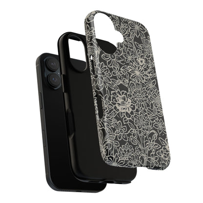 Floral Doodle Tough Phone Case — Black & White Sketch Flower Protective Cover