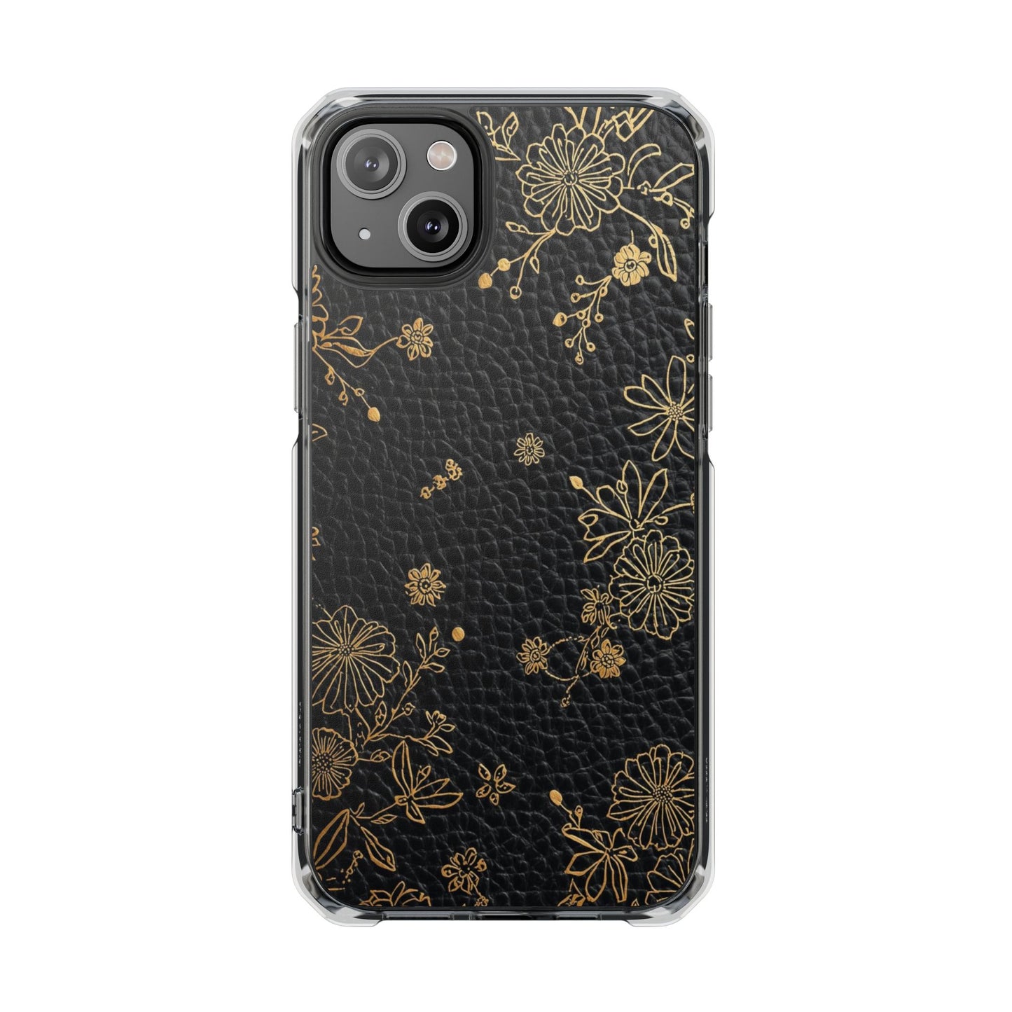 Clear Impact Phone Case — Black Leather Texture with Gold Floral Foil