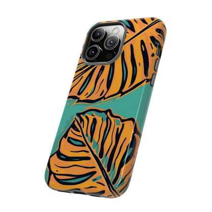 Tropical Leaf Tough Phone Case — Orange Monstera Design on Teal