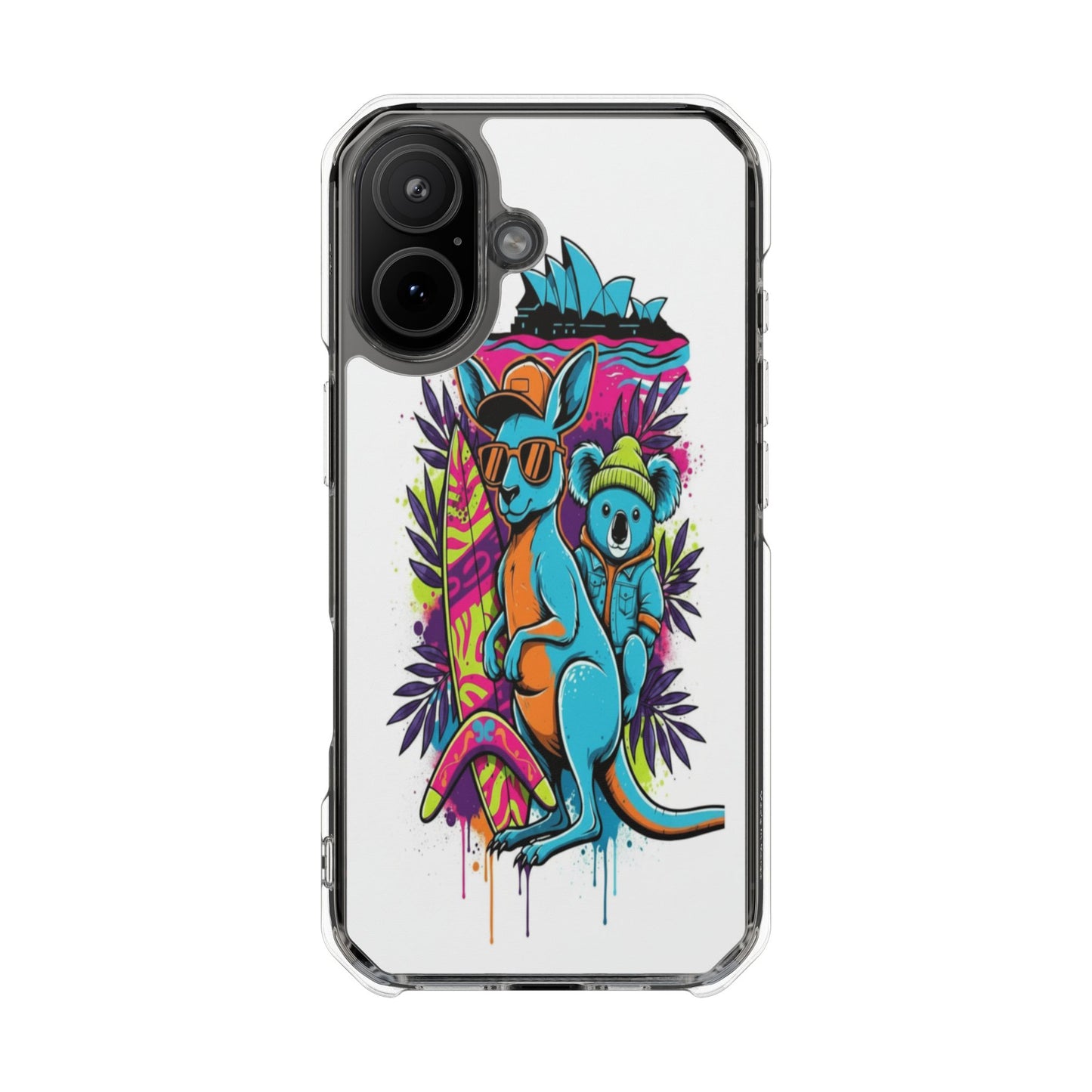 Clear Magnetic Phone Case — Colorful Surfing Kangaroo & Koala Art
