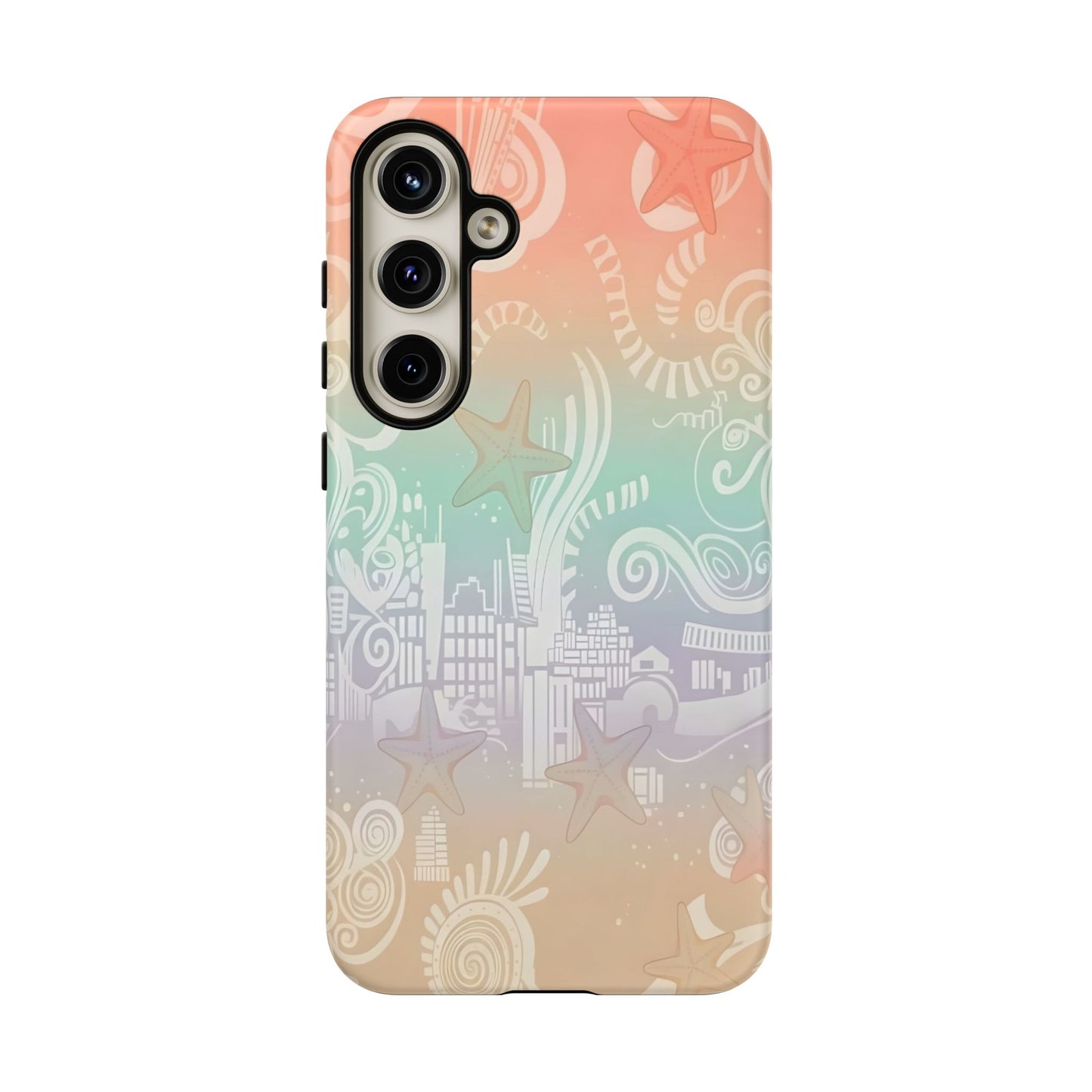 Tough Cases: Pastel Beach Pattern Phone Case — Starfish & Coastal Cityscape Protective Cover