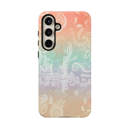 Tough Cases: Pastel Beach Pattern Phone Case — Starfish & Coastal Cityscape Protective Cover