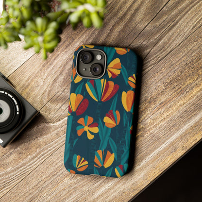 Floral Retro Teal Tough Phone Case — Vibrant Orange & Mustard Blooms
