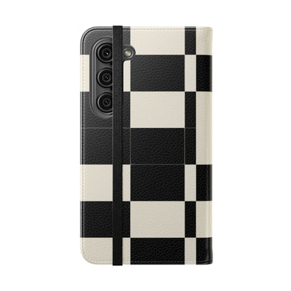 Checkered Flip Phone Case – Black & Cream Retro Grid Wallet Case