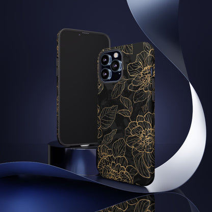 Floral Gold Outline Tough Phone Case – Black Botanical Protective Cover